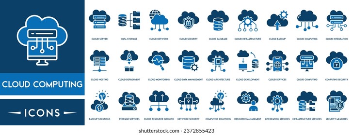 Cloud computing icons Set of line, cloud services, server, cyber security, digital transformation. Outline icon collection.