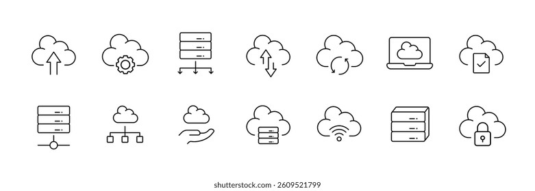 Cloud computing icons set for networking and storage - linear style