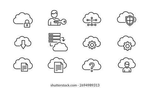 Cloud computing icons set showing security data storage network and system management concepts vector
