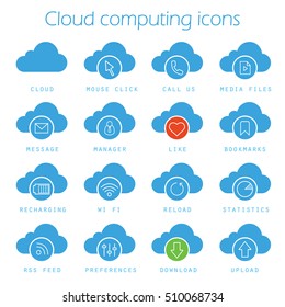 Cloud computing icons set. Web storage silhouette symbols. Mouse click, bookmarks, statistics, recharging, wifi, download and upload web hosting symbols. Vector isolated illustration