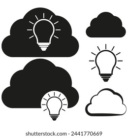 Cloud computing and idea generation icons. Light bulb with cloud symbol. Innovation and inspiration concepts. Data storage and creative thinking signs. Vector illustration. EPS 10.