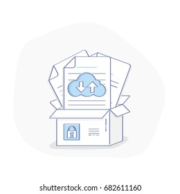 Cloud computing illustration, in modern line flat style. Data cloud storage, media server, data protection and database security icon concept. Backup, copy, migrate data between cloud storage services