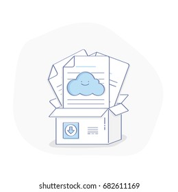 Cloud-Computing-Illustration im modernen Flachstil. Datenspeicherung, Medienserver, Webhosting und Cloud-Technologie-Konzept. Sichern, kopieren und migrieren von Daten zwischen Cloud-Speicherdiensten.