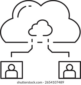 Uma ilustração de computação em nuvem mostrando dois usuários conectados à nuvem central, simbolizando o compartilhamento de dados e a colaboração. O estilo de arte de linha simples enfatiza a conectividade e a tecnologia
