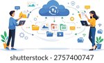 "Cloud computing illustration with two professionals collaborating around central cloud icon. Modern concept featuring synchronization arrows, connected files, folders, images, videos, charts, gears, plants, and speech bubbles — perfect for themes of data sharing, digital collaboration, online teamwork, and cloud storage."