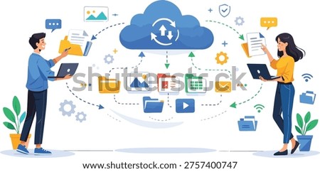 "Cloud computing illustration with two professionals collaborating around central cloud icon. Modern concept featuring synchronization arrows, connected files, folders, images, videos, charts, gears, plants, and speech bubbles — perfect for themes of data sharing, digital collaboration, online teamwork, and cloud storage."