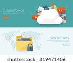 Cloud computing illustration,flat style.Data storage device,media server.Web hosting and cloud technology.Data protection,database security.Backup,copy,migrate data between cloud storage services.