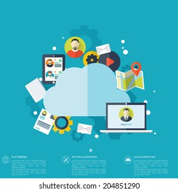 Cloud computing illustration,flat style.Data storage device,media server.Web hosting and cloud technology.Data protection,database security.Backup,copy,migrate data between cloud storage services.