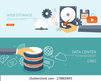 Cloud computing illustration,flat style.Data storage device,media server.Web hosting and cloud technology.Data protection,database security.Backup,copy,migrate data between cloud storage services.