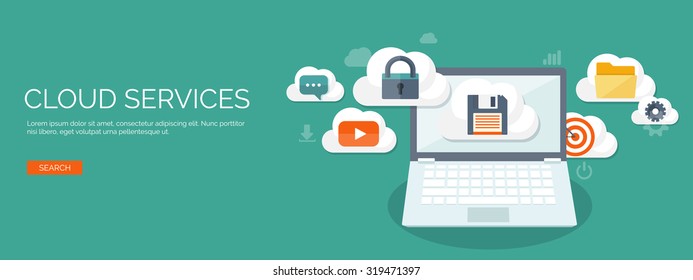 Cloud computing illustration,flat style.Data storage device,media server.Web hosting and cloud technology.Data protection,database security.Backup,copy,migrate data between cloud storage services.