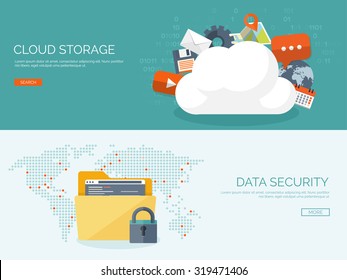 Cloud computing illustration,flat style.Data storage device,media server.Web hosting and cloud technology.Data protection,database security.Backup,copy,migrate data between cloud storage services.