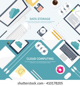 Cloud computing illustration,flat style.Data storage device,media server.Web hosting and cloud technology.Data protection,database security.Backup,copy,migrate data between cloud storage services.