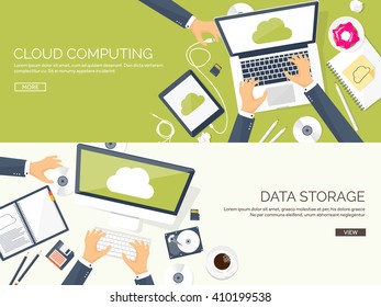 Cloud computing illustration,flat style.Data storage device,media server.Web hosting and cloud technology.Data protection,database security.Backup,copy,migrate data between cloud storage services.