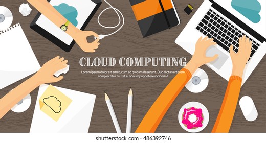 Cloud computing illustration,flat style.Data storage device,media server.Web hosting and cloud technology.Data protection,database security.Backup,copy,migrate data between cloud storage services.