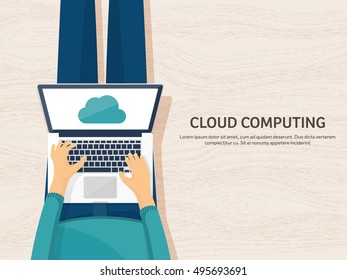 Cloud computing illustration,flat style.Data storage device,media server.Web hosting and cloud technology.Data protection,database security.Backup,copy,migrate data between cloud storage services.