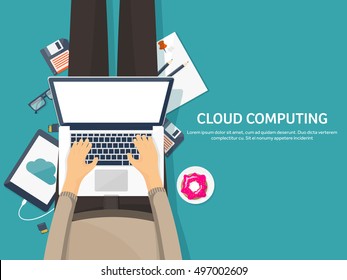 Cloud computing illustration,flat style.Data storage device,media server.Web hosting and cloud technology.Data protection,database security.Backup,copy,migrate data between cloud storage services.