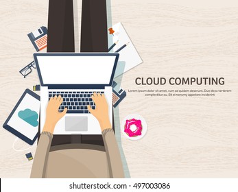 Cloud computing illustration,flat style.Data storage device,media server.Web hosting and cloud technology.Data protection,database security.Backup,copy,migrate data between cloud storage services.