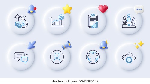 Cloud computing, Inclusion and Checklist line icons. Buttons with 3d bell, chat speech, cursor. Pack of Headshot, Employees messenger, 5g statistics icon. Inflation, Business podium pictogram. Vector