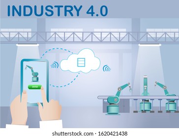 Cloud computing in industry. Digitization of industry concept vector showing hands  holding smart phone and organizing robotic production through the cloud. All potential trademarks are removed. 