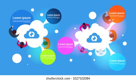 Cloud Computing Infographic Banner Top View Of Group Of People Using Different Gadgets Flat Vector Illustration