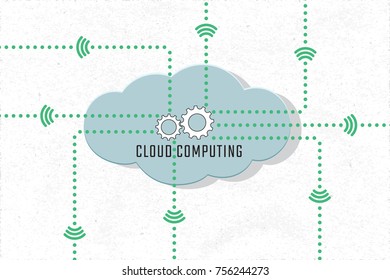 Cloud Computing Infographic Internet Concept Flat Graphic Design - Cloud Gears Icon and Lettering on White Rough Paper Background - Vector Color Illustration