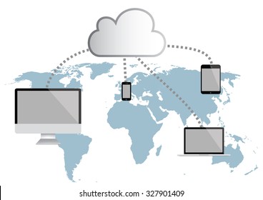 cloud computing infographic vector illustration. world map tablet, computer smartphone and notebook