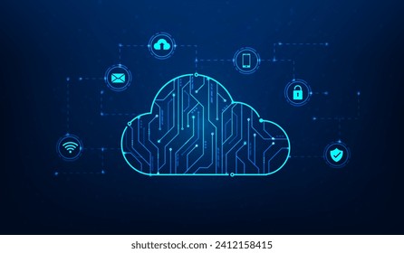 cloud computing information technology circuit with icon on blue background. data storage service online. cloud network transfer connection. vector illustration hi-tech line and dot concept.