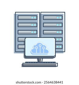 Cloud computing infrastructure.  features two server racks and a computer monitor showing a cloud icon with circuit lines, symbolizing cloud technology and data storage. related to data centers