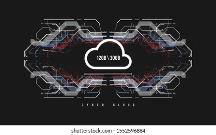Cloud computing and innovation concept with HUD elements. Storage data, online data backup. Internet Technology Business concept. Online connection futuristic concept. System tech innovation
