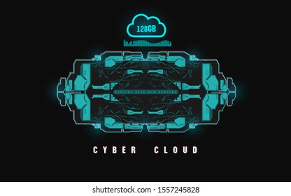 Cloud computing and innovation concept with HUD elements. Digital data, web hosting. Cloud hosting concept innovation.