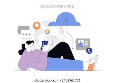 Cloud Computing innovation. Showcasing a relaxed remote worker effortlessly accessing data on a cloud network. Simplifying complex tasks with modern technology. Vector illustration.