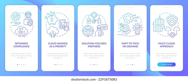 Cloud computing innovations trends blue gradient onboarding mobile app screen. Walkthrough 5 steps graphic instructions with linear concepts. UI, UX, GUI template. Myriad Pro-Bold, Regular fonts used