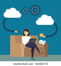 Cloud computing internet concept with computer laptop monitor user downloads flat design cartoon style.