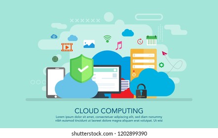 Cloud computing internet concept. connected into a cloud storage Suitable For Banner, Background, Book Illustration. Presentation, Landing Page, Web Banner, and Other Related. Vector Illustration.