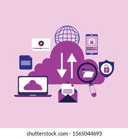 Cloud computing internet concept with a lot of icons tablet smartphone computer desktop monitor user downloads flat design