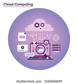 Cloud computing internet concept with a lot of icons tablet smartphone computer desktop monitor user downloads flat design
