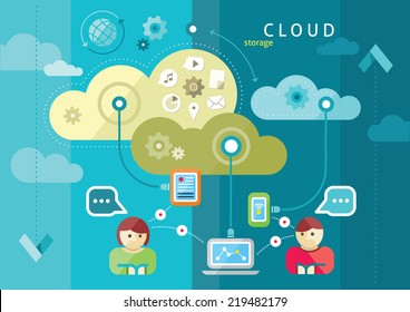 Cloud Computing Internet Concept With A Lot Of Icons Tablet Smartphone Computer Desktop Monitor User Downloads Flat Design Cartoon Style