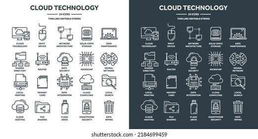 Cloud computing and internet technology, database remote access. Web hosting, online services data protection. Information security, data sharing and backup. Thin line icons set. Vector illustration