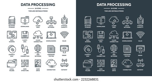 Cloud computing y tecnología de Internet, acceso remoto a bases de datos. Alojamiento web, protección de datos de servicios en línea. Seguridad de la información, intercambio de datos y backup. Iconos de línea delgada configurados. Ilustración del vector