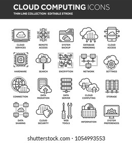 Cloud computing. Internet technology. Online services. Data, information security. Connection. Thin line black web icon set. Outline icons collection.Vector illustration.