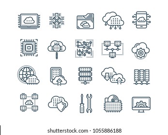 Cloud computing. Internet technology. Online services. Data, information security. Connection. Thin line black web icon set. Outline icons collection.Vector illustration.