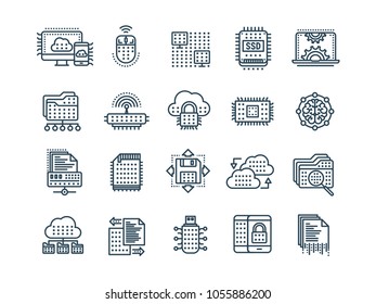 Cloud computing. Internet technology. Online services. Data, information security. Connection. Thin line black web icon set. Outline icons collection.Vector illustration.