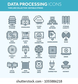 Cloud computing. Internet technology. Online services. Data, information security. Connection. Thin line web icon set. Outline icons collection.Vector illustration.