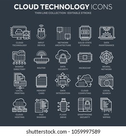 Cloud computing. Internet technology. Online services. Data, information security. Connection. Thin line white web icon set. Outline icons collection.Vector illustration.