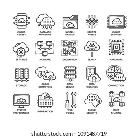 Cloud computing. Internet technology. Online services. Data, information security. Connection. Thin line black web icon set. Outline icons collection.Vector illustration.