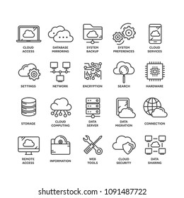 Cloud computing. Internet technology. Online services. Data, information security. Connection. Thin line black web icon set. Outline icons collection.Vector illustration.