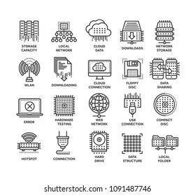 Cloud computing. Internet technology. Online services. Data, information security. Connection. Thin line black web icon set. Outline icons collection.Vector illustration.