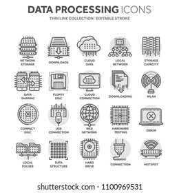 Cloud computing. Internet technology. Online services. Data, information security. Connection. Thin line black web icon set. Outline icons collection.Circle element.