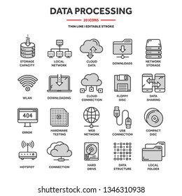 Cloud Computing. Internet Technology. Online Services. Data Processing, Information Security. Connection. Thin Line Web Icon Set. Outline Icons Collection.