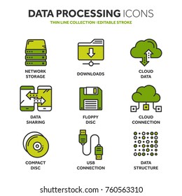 Cloud computing. Internet technology. Online services. Data, information security. Connection. Thin line blue web icon set. Outline icons collection.Vector illustration.